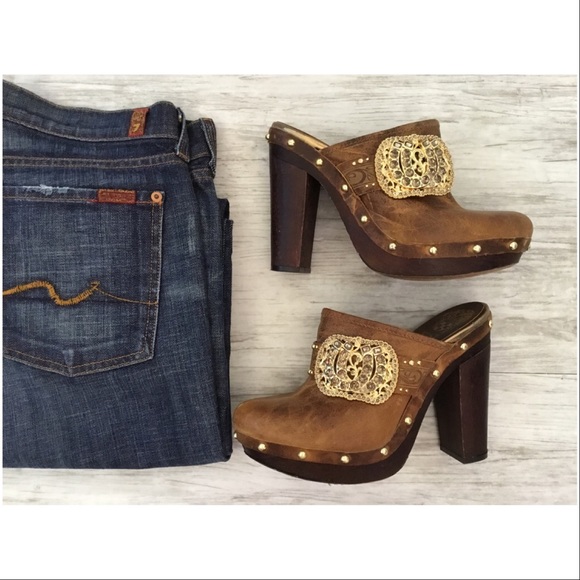 Vince Camuto Shoes - Vince Camuto Brown Mules Clogs Buckle Rhinestones